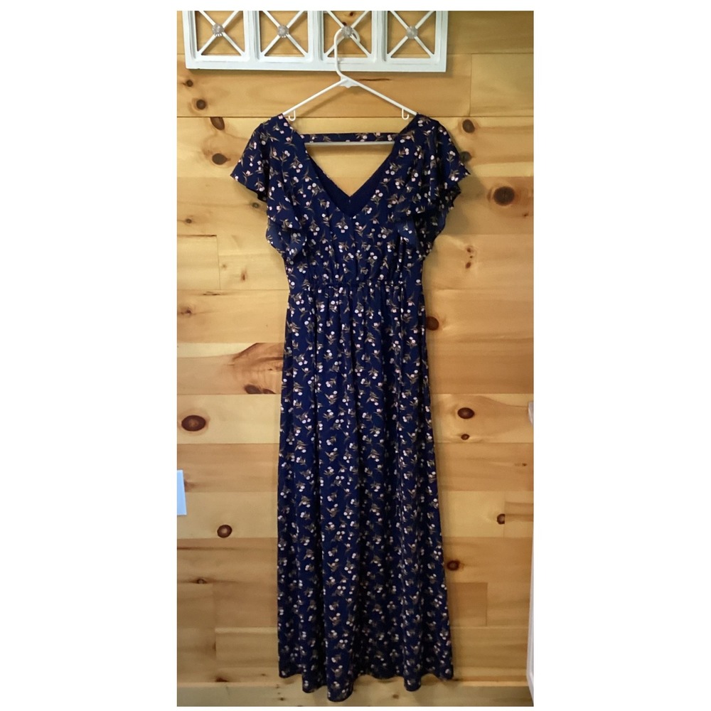 IZ Byer Navy Blue Floral Maxi Dress V-Neck Flutter Sleeve Elastic Waist Small